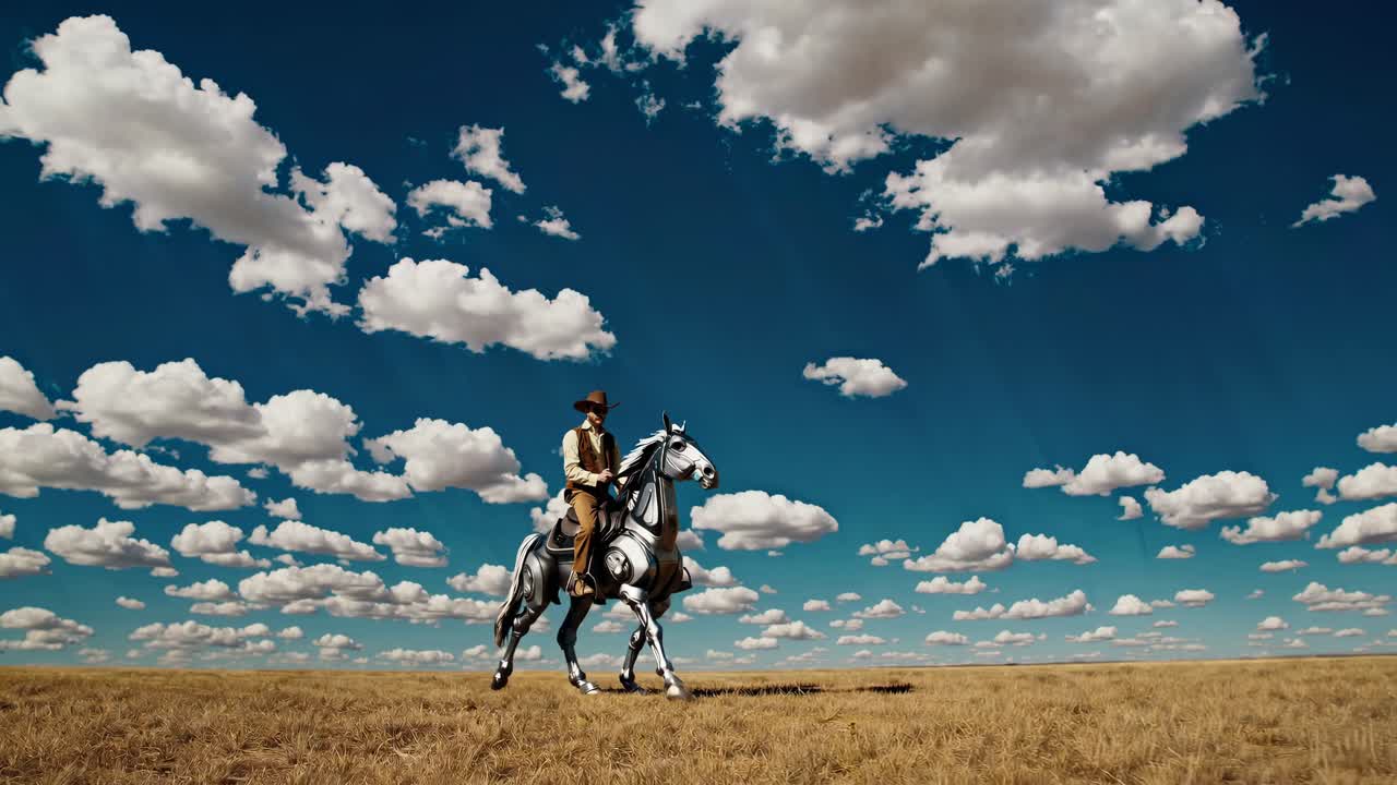 un vaquero montando un caballo mecánico en un paisaje occidental futurista