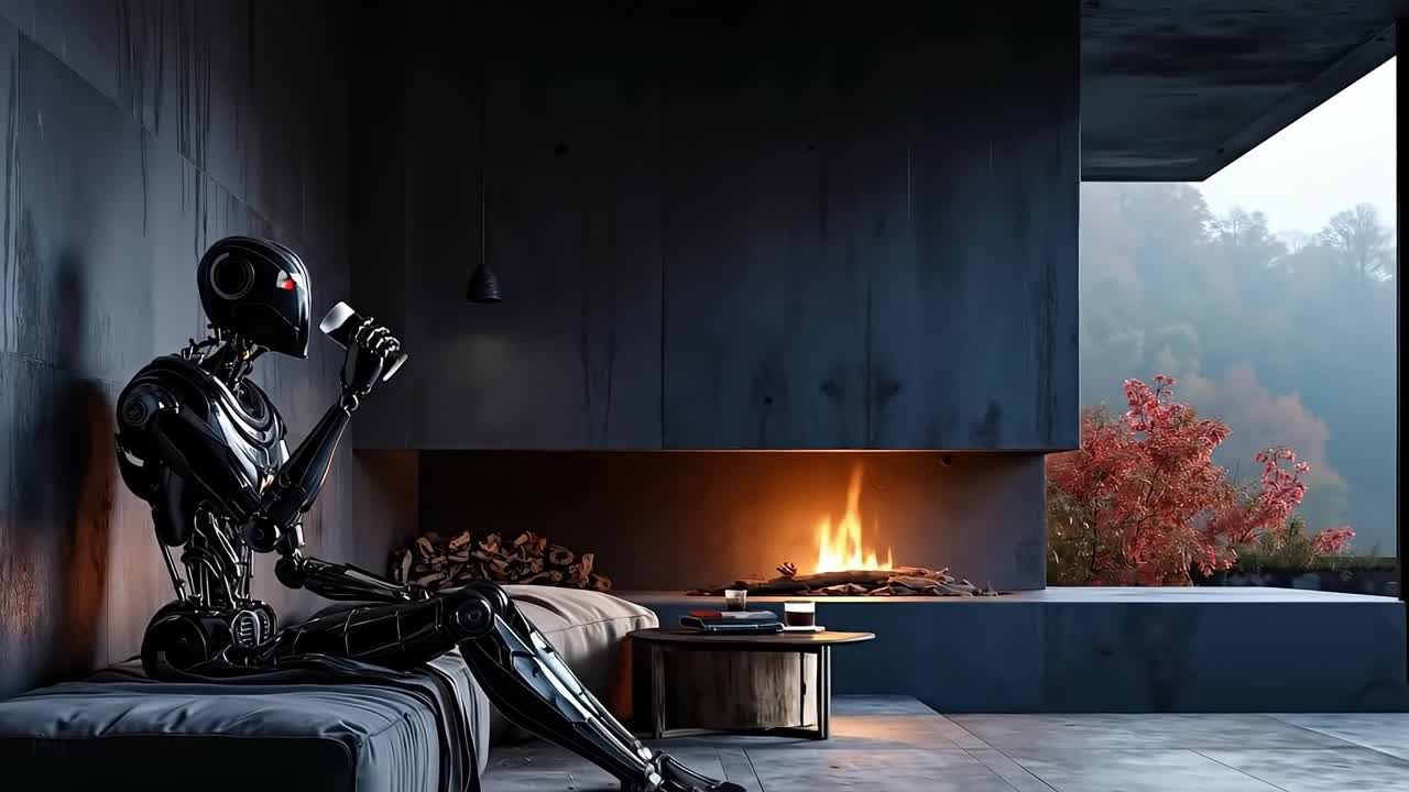 A robot sitting on a couch in front of a fireplace