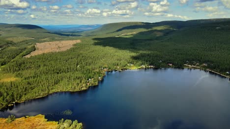 vista aérea del lago con un exuberante bosque verde en salen, dalarna, suecia