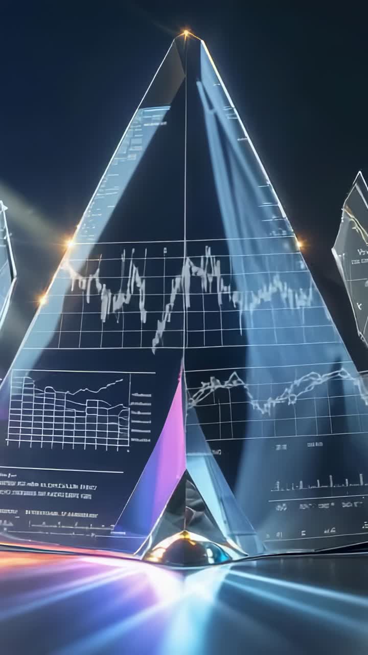 Vertical video: Lighting snapping on, prism rotating on stage, pyramids displaying finance charts