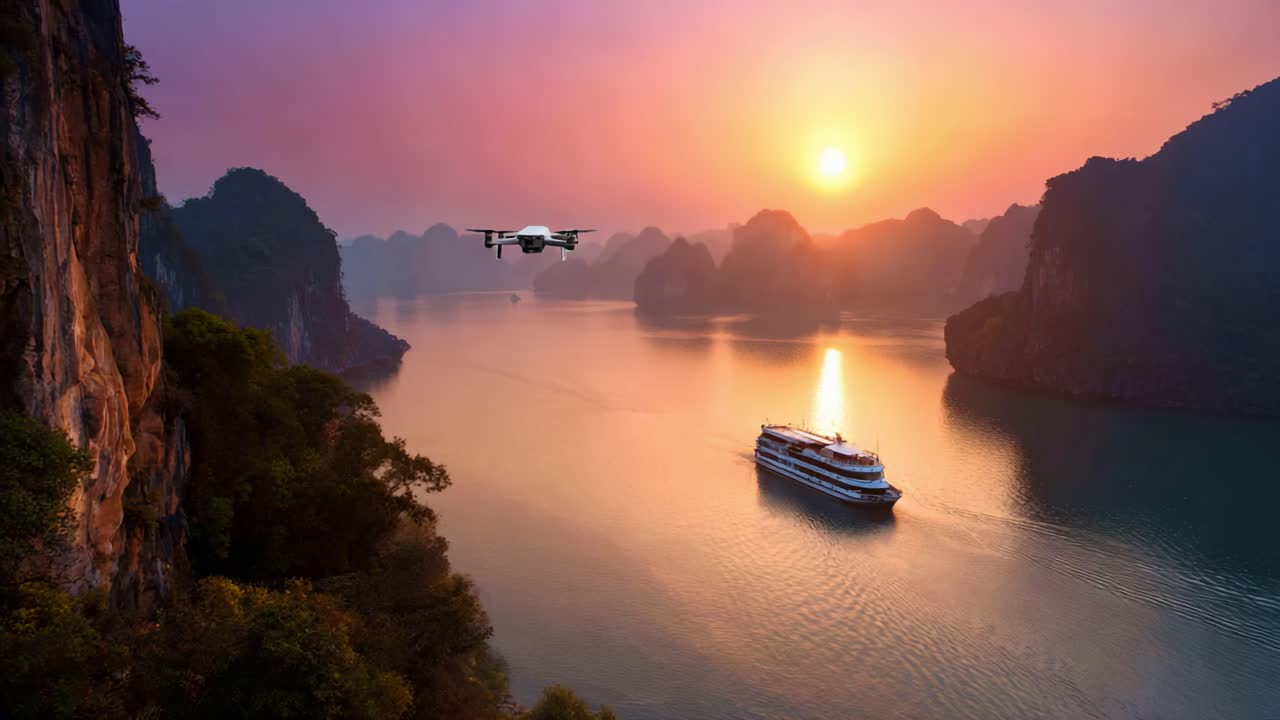 Hoàng Hôn Tuyệt Đẹp Trên Mặt Nước Yên Bình: Drone Ghi Lại Vẻ Đẹp Lộng Lẫy của Thiên Nhiên và Một Chiếc Thuyền Du Lịch Giữa Những Ngọn Đồi Hùng Vĩ và Màu Sắc Hoàng Hôn Dịu Nhẹ
