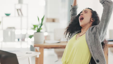 Stretching,-yawn-and-woman-on-laptop-for-business