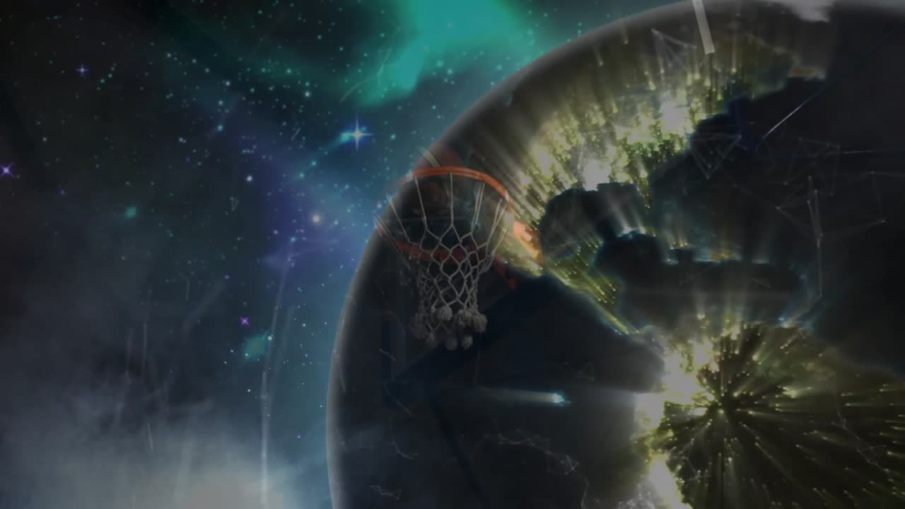 Cercle de panier de basketball orbitant autour d'une galaxie cosmique, présentant une planète du réseau de technologie sportive et un effet de brume.