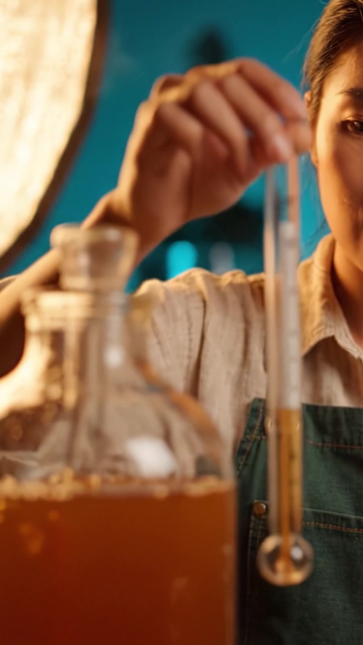 A close-up view of a scientist measuring liquid in a lab, showcasing techniques and equipment used in scientific experiments with a focus on brewing processes.