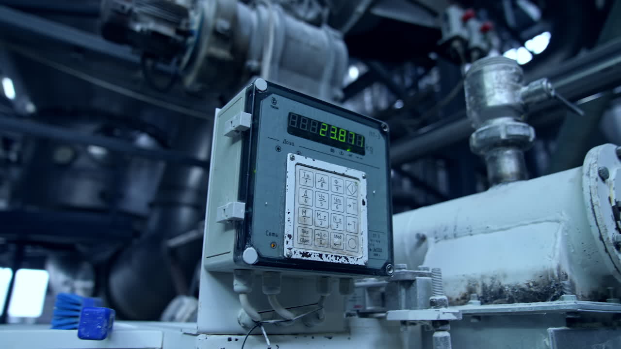 Industrial equipment with metal box and counter. Electric engine attached to the tubes at the backdrop of metal ceiling. Counter close up.