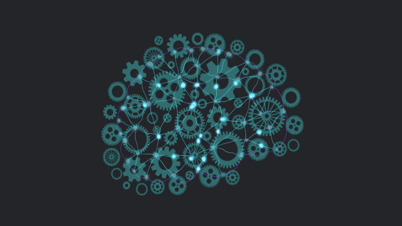 Animation of digital brain of connections over cogs moving