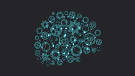 animation of digital brain of connections over cogs moving