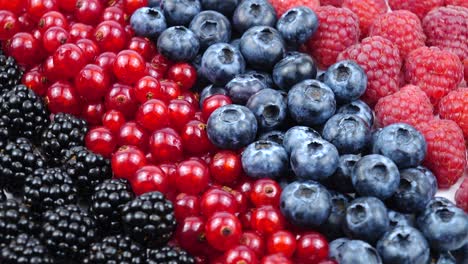 ripe raw berries of raspberry, red currant, blackberry and great bilberry, background