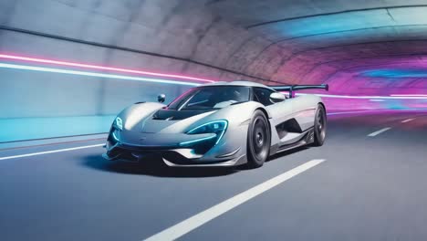 futuristic sports car in neon-lit tunnel