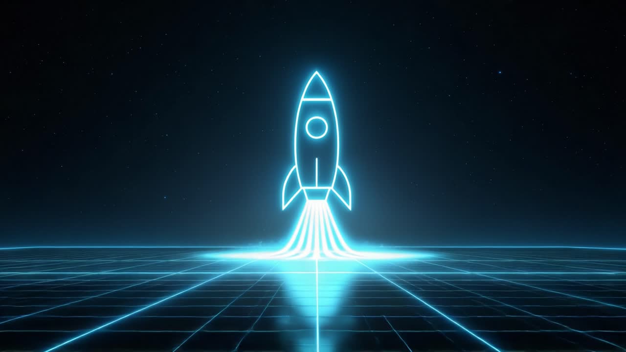 Futuristic blue neon rocket launching from a glowing grid into space. A digital animation representing startup business, innovation, technological advancement, success and space exploration