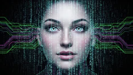 a mysterious cybernetic face surrounded by streams of data and technological patterns, blending humanity with digital realms to create a fascinating visual experience