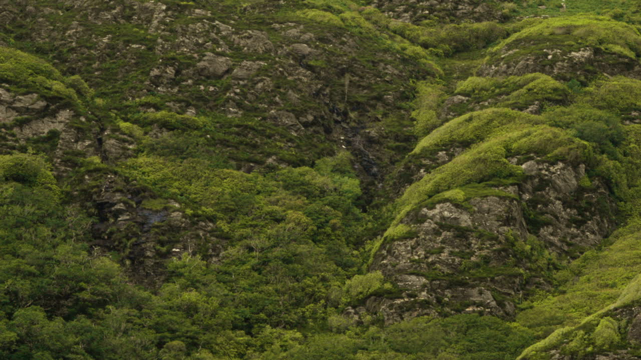 montañas rocosas cubiertas de musgo cerca de la abadía de kylemore en irlanda