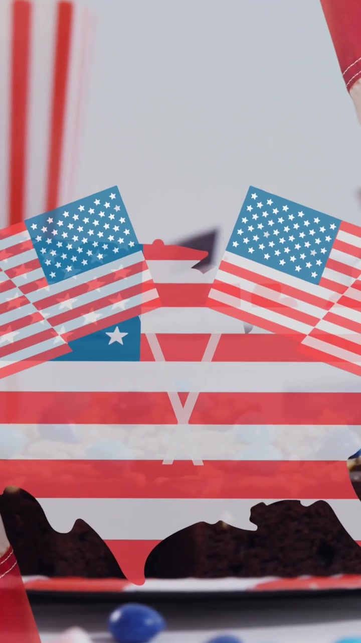 Animation of country coloured with flag of usa over cake and flags of usa