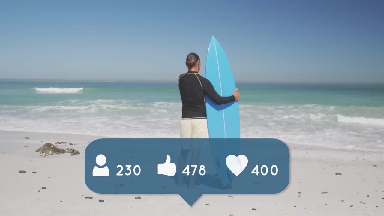 Animation of speech bubble with people, thumbs up and heart icons with numbers over man on beach