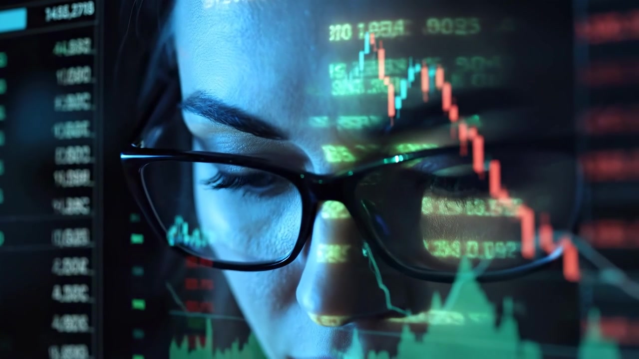 Analista Financeiro Concentrado Monitorando Dados do Mercado de Ações na Tela