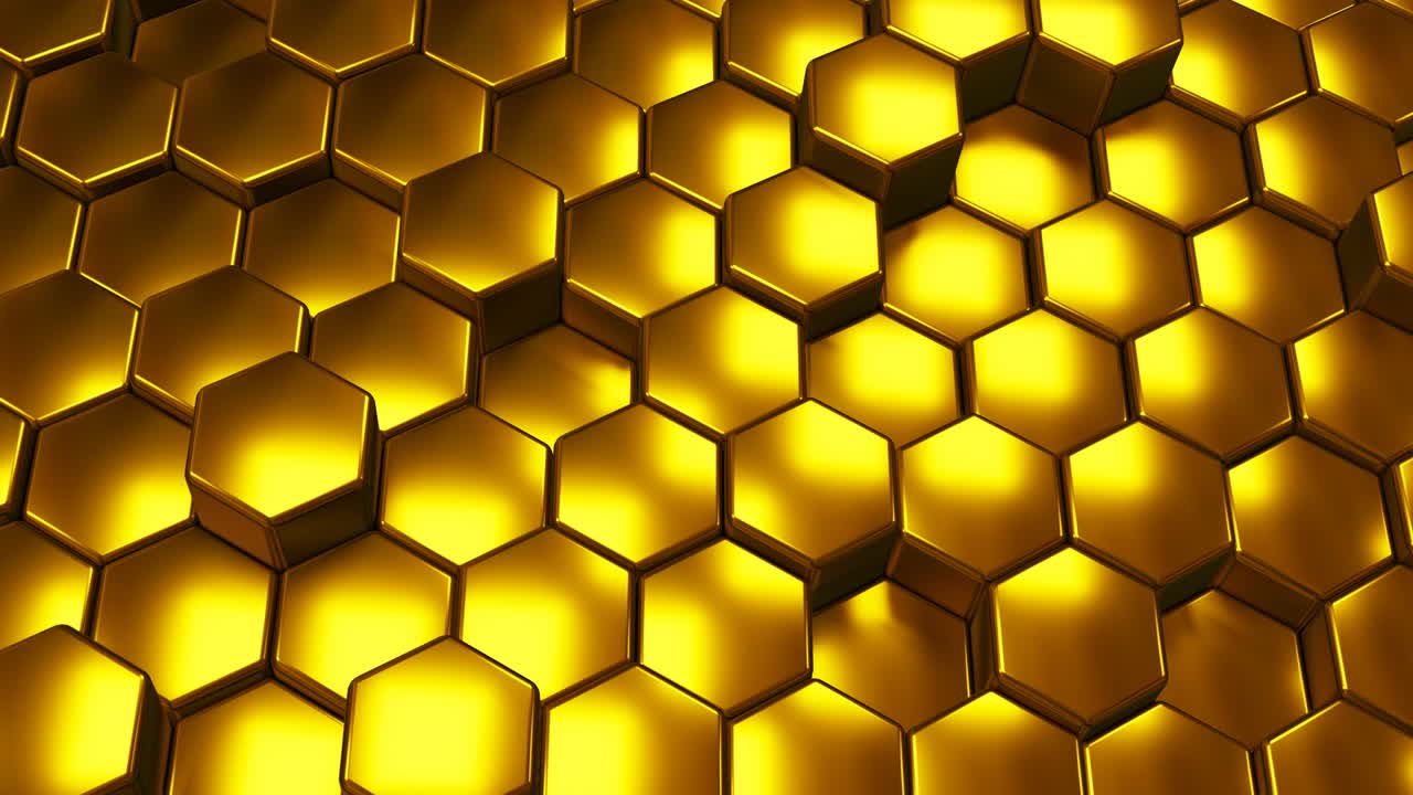 Abstract gold futuristic hexagons 3D surface pattern, Hexagonal golden wall moving in loop.