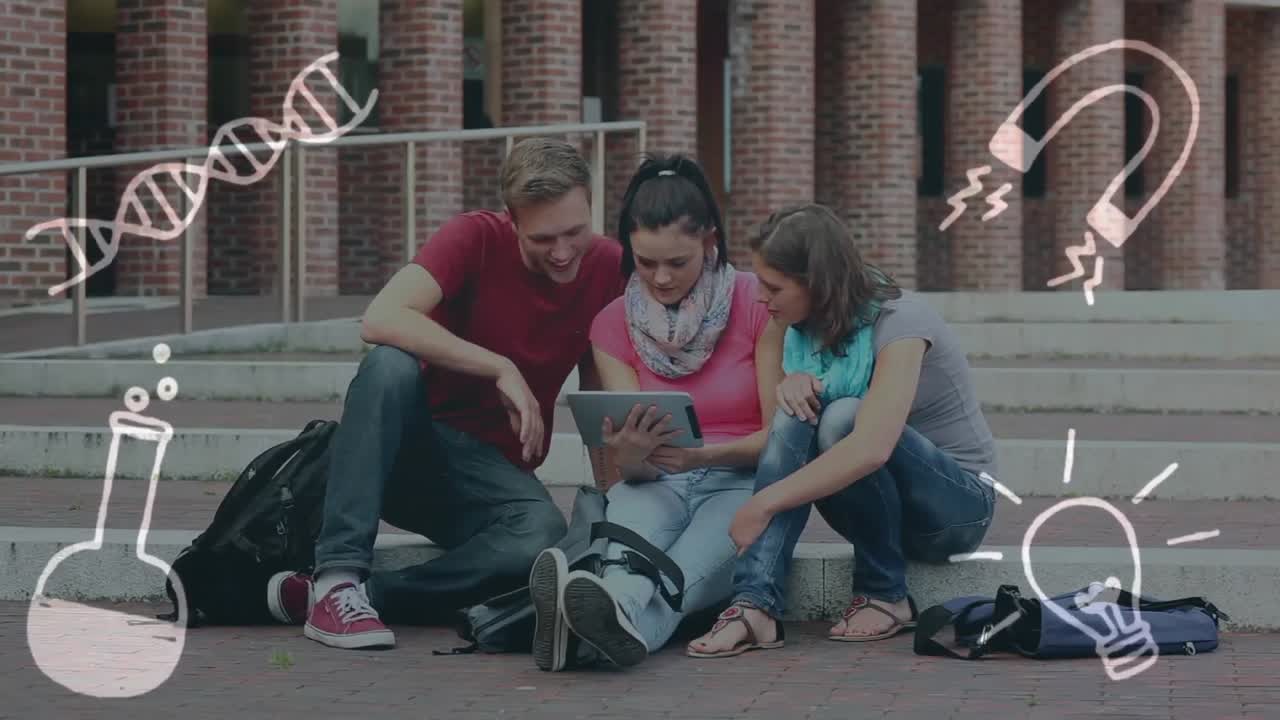 iconos de concepto de ciencia contra un grupo de estudiantes que usan tabletas digitales