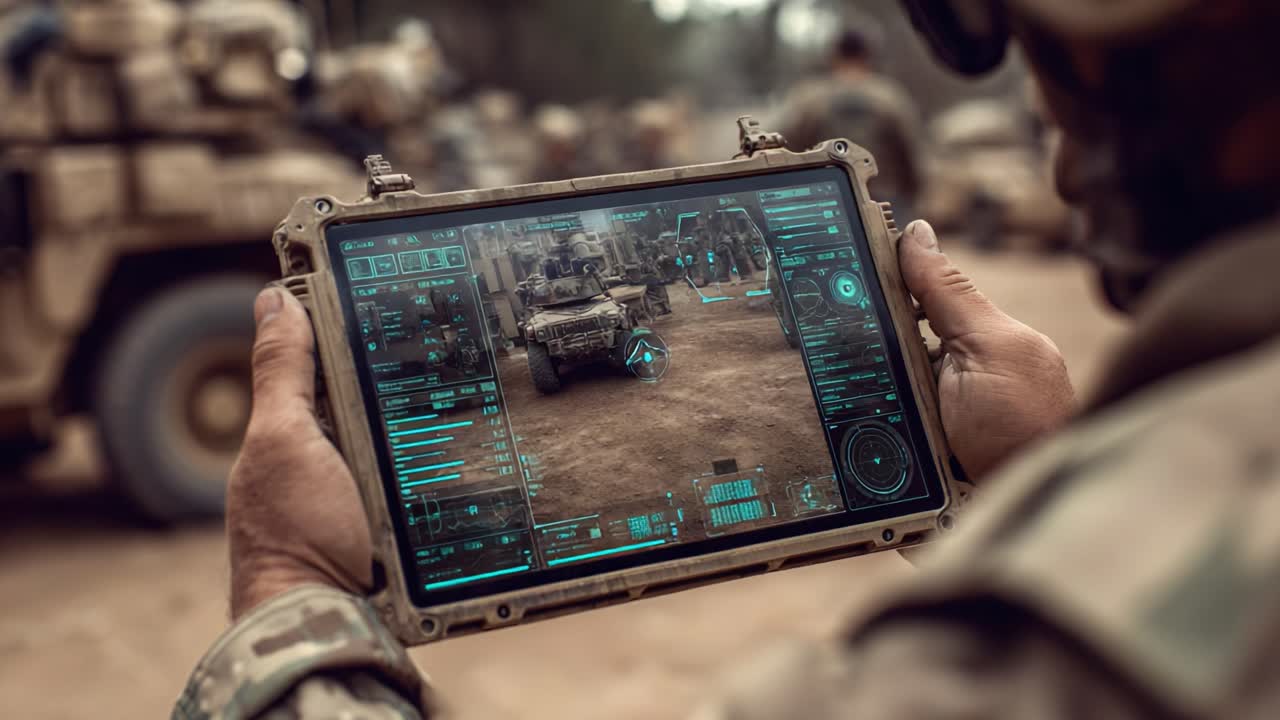 A Soldier Analyzing Tactical Data on a Digital Device in a Military Environment, Highlighting Advanced Technology in Warfare and Operations