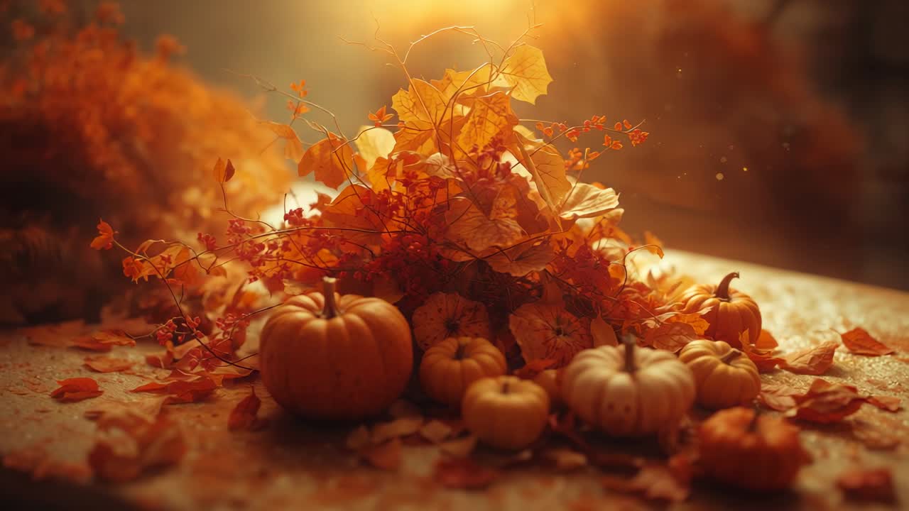Camera pulling back revealing fall display on wooden table at farmhouse, with pumpkins and leaves