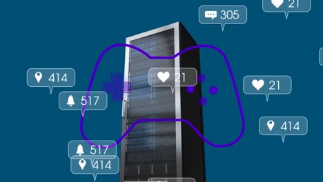 Animation-of-social-media-icons-and-video-game-console-over-server