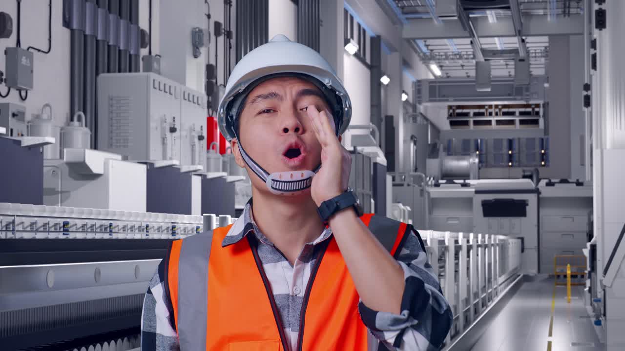 Close Up Of Asian Male Engineer With Safety Helmet Yelling With Hand Over Mouth While Standing At Pharmaceutical Factory, Vaccine Production Facility