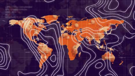 Digitale-Animation-Der-Topographie-über-Der-Weltkarte-Vor-Datenverarbeitung-Auf-Blauem-Hintergrund