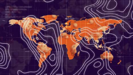animación digital de la topografía sobre el mapa del mundo contra el procesamiento de datos en fondo azul