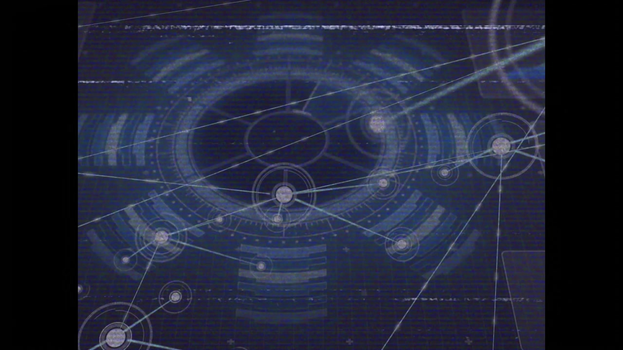 Glitches flickering, HUD rings rotating and lines extending to pulsing nodes, visualizing network
