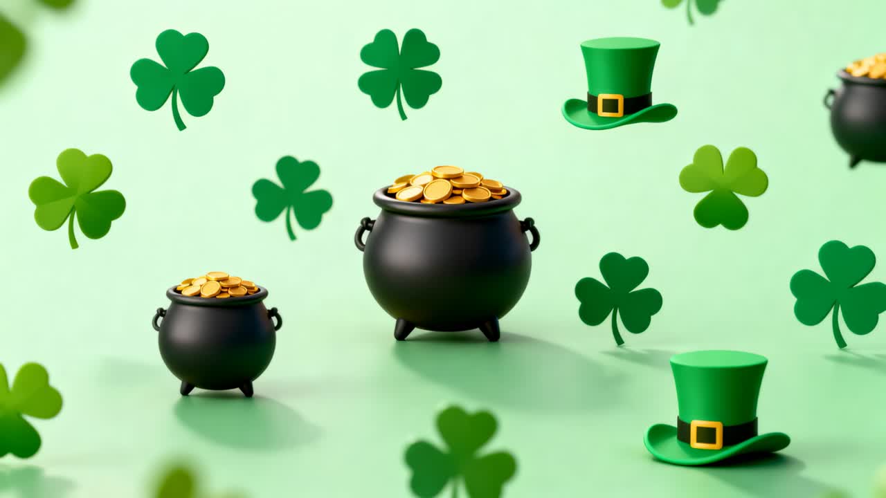 Camera framing black cauldrons holding coins on mint plane, creating parallax as shamrocks drifting