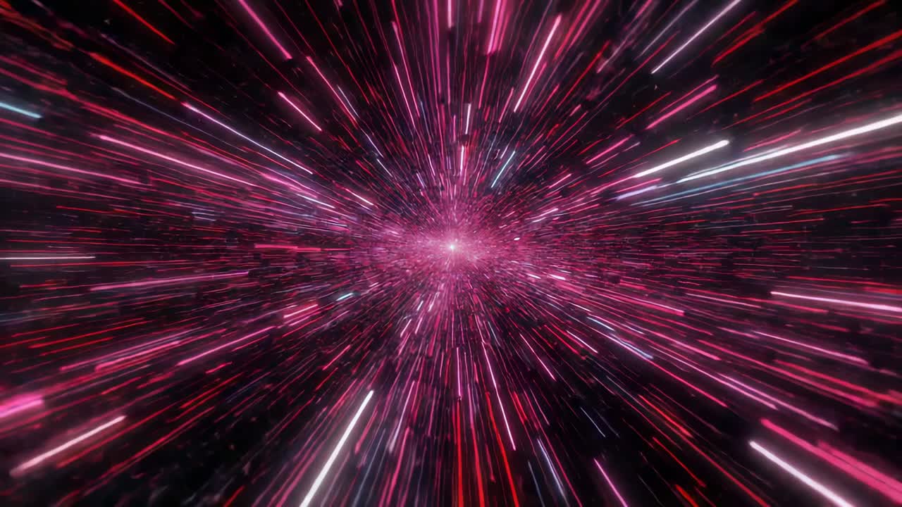 Accelerating central pink light core through deep space stretching light streaks and star particles
