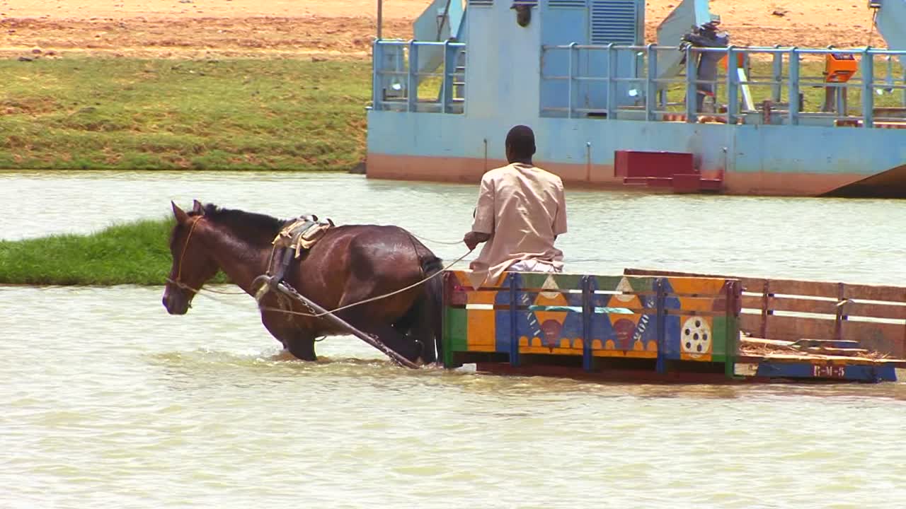 un hombre monta su caballo tirando de un carro a través de un río en mali áfrica
