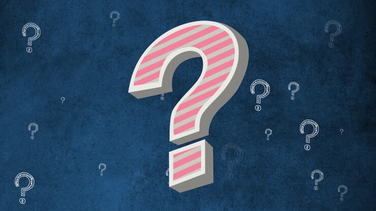 Pink striped question mark symbol against multiple question mark icons on blue background