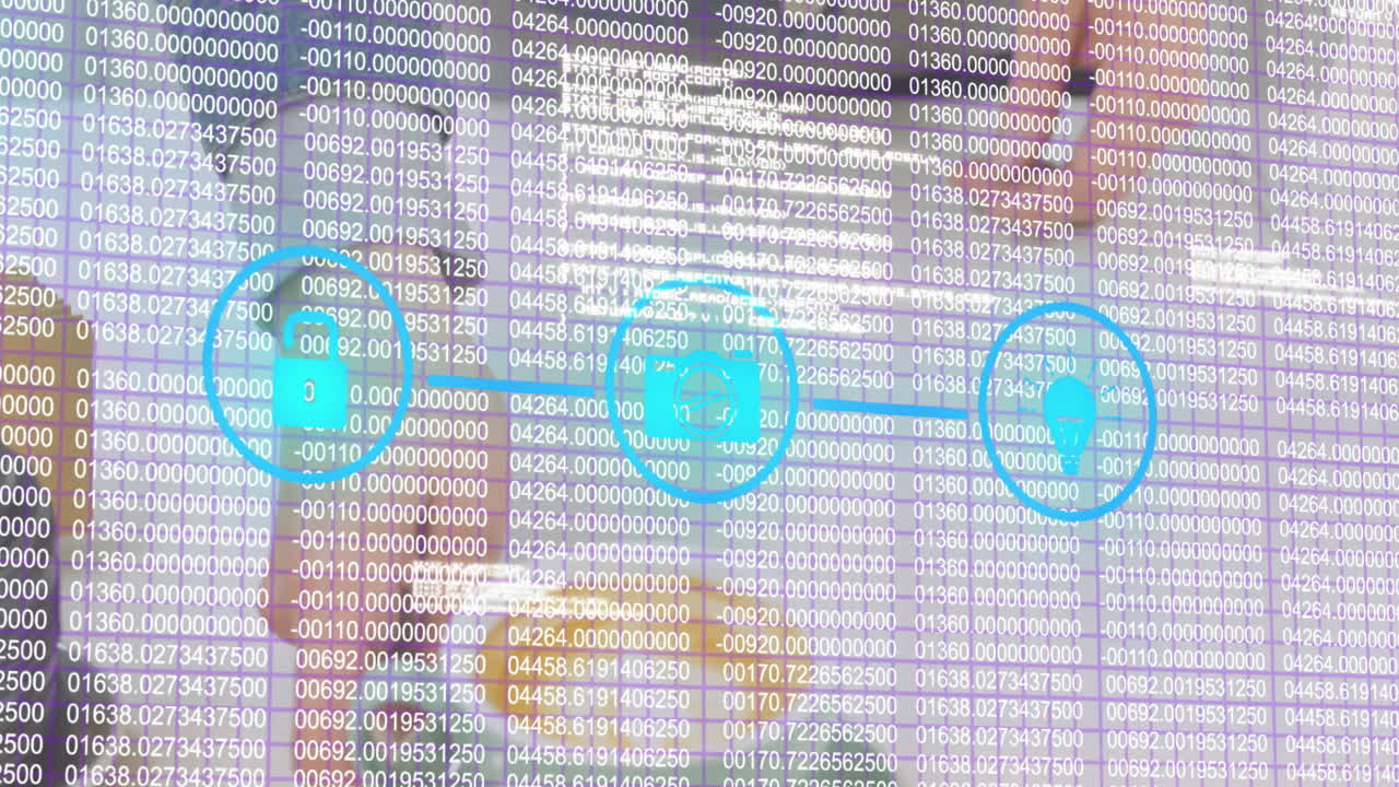 Digital overlay showing tech data columns over purple grid, linking folder camera light bulb icons