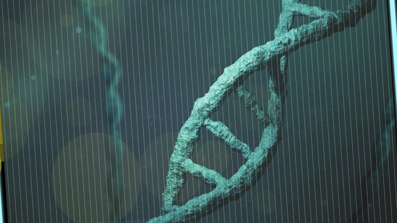 어두운 배경에 반이는 반점 위에 회전하는 dna 가닥의 애니메이션