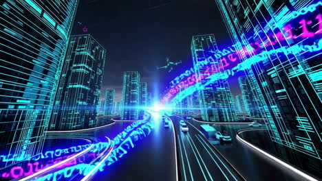 futuristic cyberpunk cityscape with digital data streams