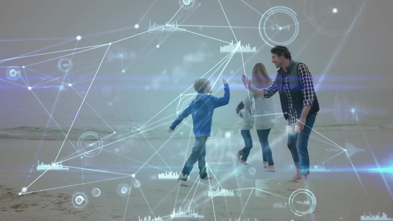 Running family wearing jackets and scarf holding hands and splashing on shoreline, HUD overlay