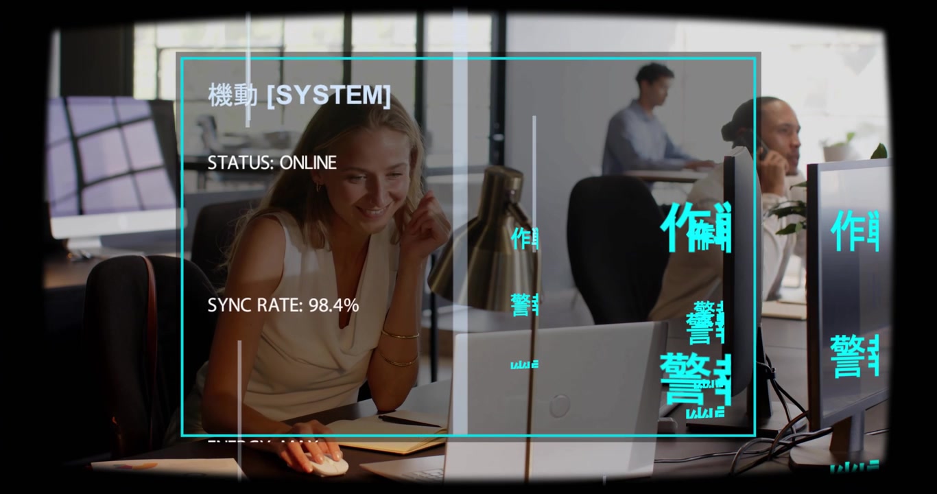 Woman at desk responding to tech overlay appearing, clicking mouse, typing notes, confirming sync