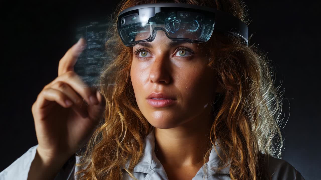 A Woman Interacting with Futuristic Technology: Exploring Augmented Reality through Gestures while Wearing Advanced Headset and Engaging with Virtual Displays in a Dark Environment