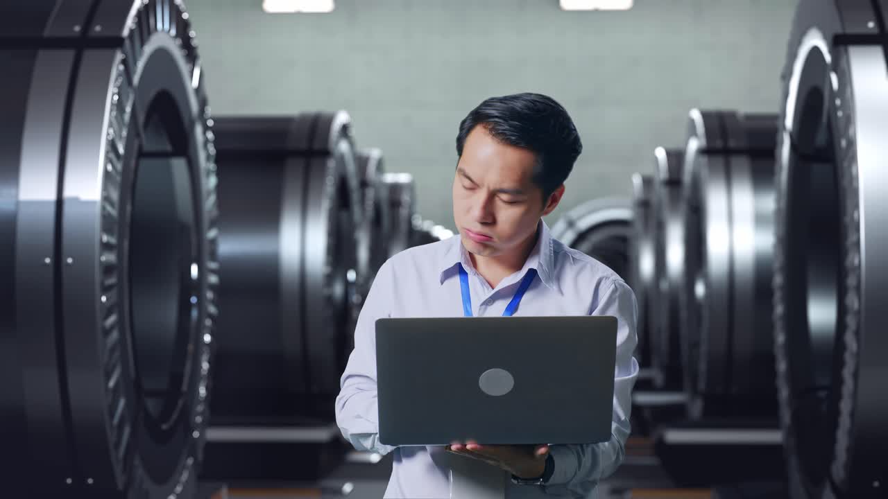 공장에서 노트북을 사용하는 엔지니어