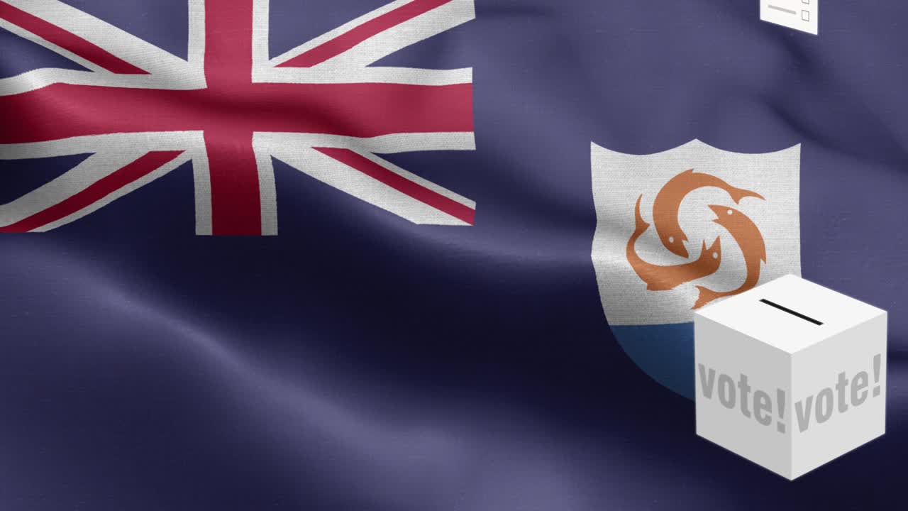 앙길라 선택을 위한 투표용지 - 발 앞에 있는 투표용장 - 선거 - 투표 - 앙길라는 발 - 앙글라 발 높은 세부사항 - 국가 발 앙굴라 파동 패턴 루프 가능한 요소 - 직물 질감과 끝없는 루프