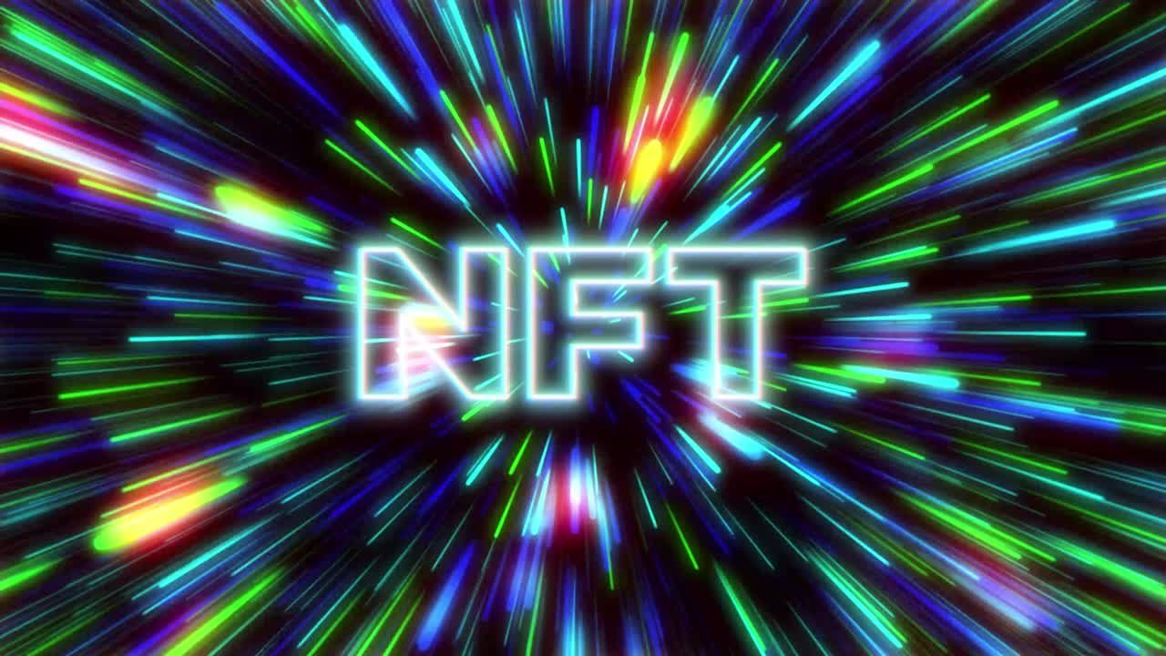 Neon NFT Inscription On Neon Glowing Rays Background. NFT Metaverse Concept.  4K