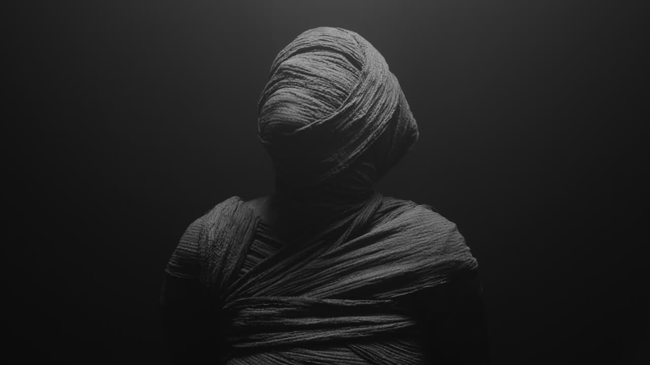 Una donna mummificata su uno sfondo scuro si gira e poi abbassa la testa.