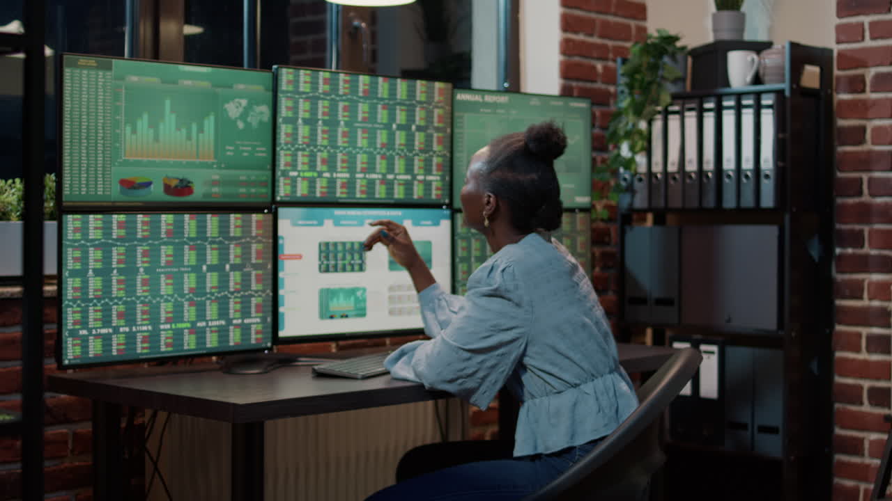 Cheerful woman celebrating financial success on stock exchange profit