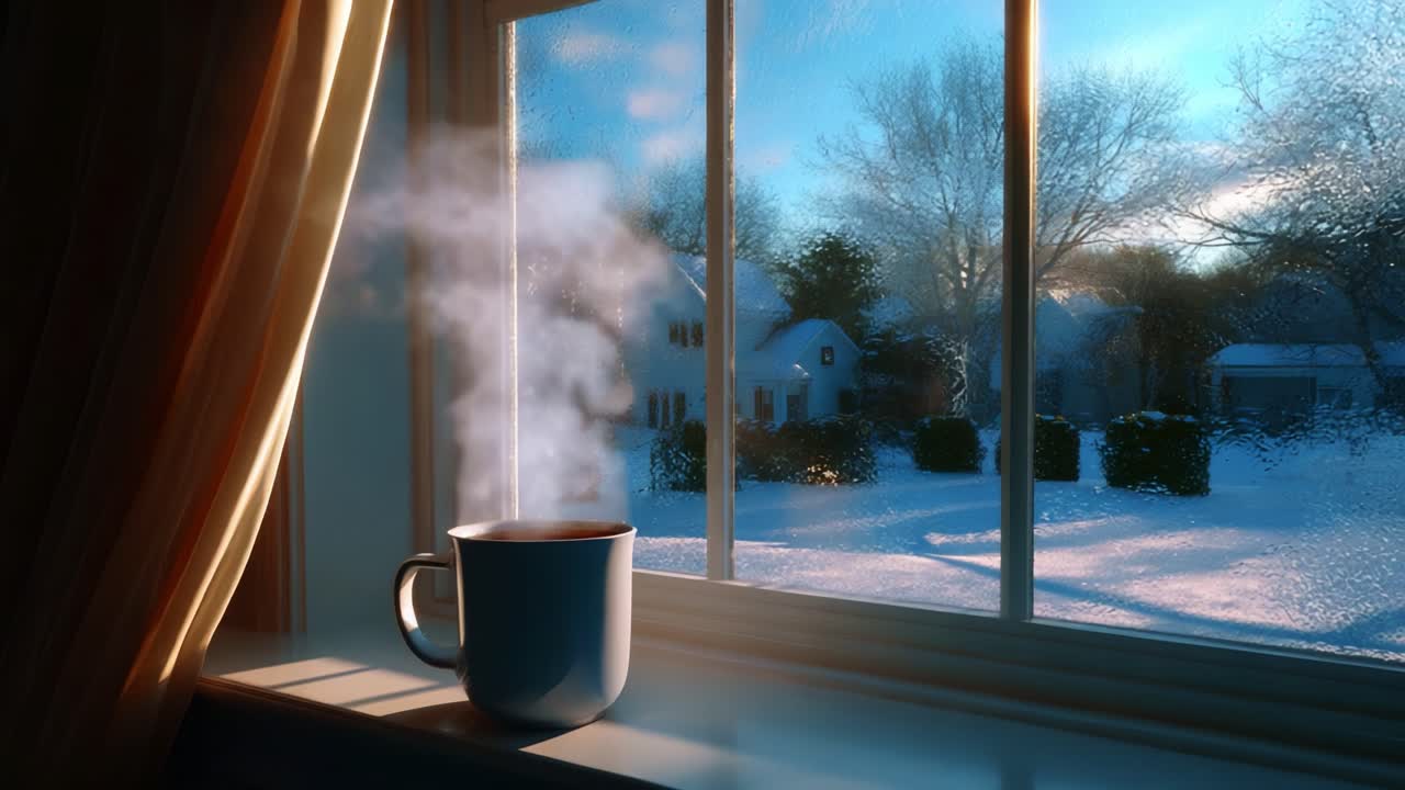 A Cozy Winter Scene: A Warm Cup of Coffee on a Frosty Windowsill with a Beautiful Snowy Outdoor Landscape in the Early Morning Light, Inviting Feelings of Comfort and Serenity
