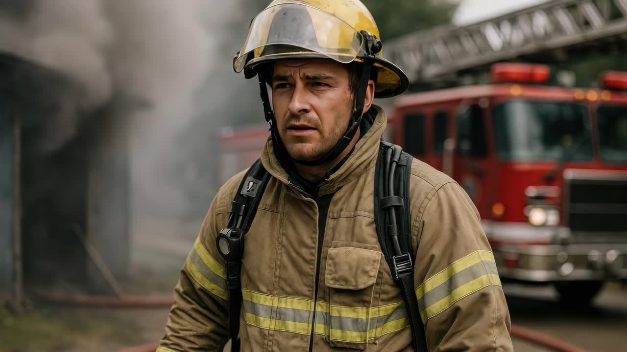 Close-up of a firefighter in gear, with a fire truck in the background