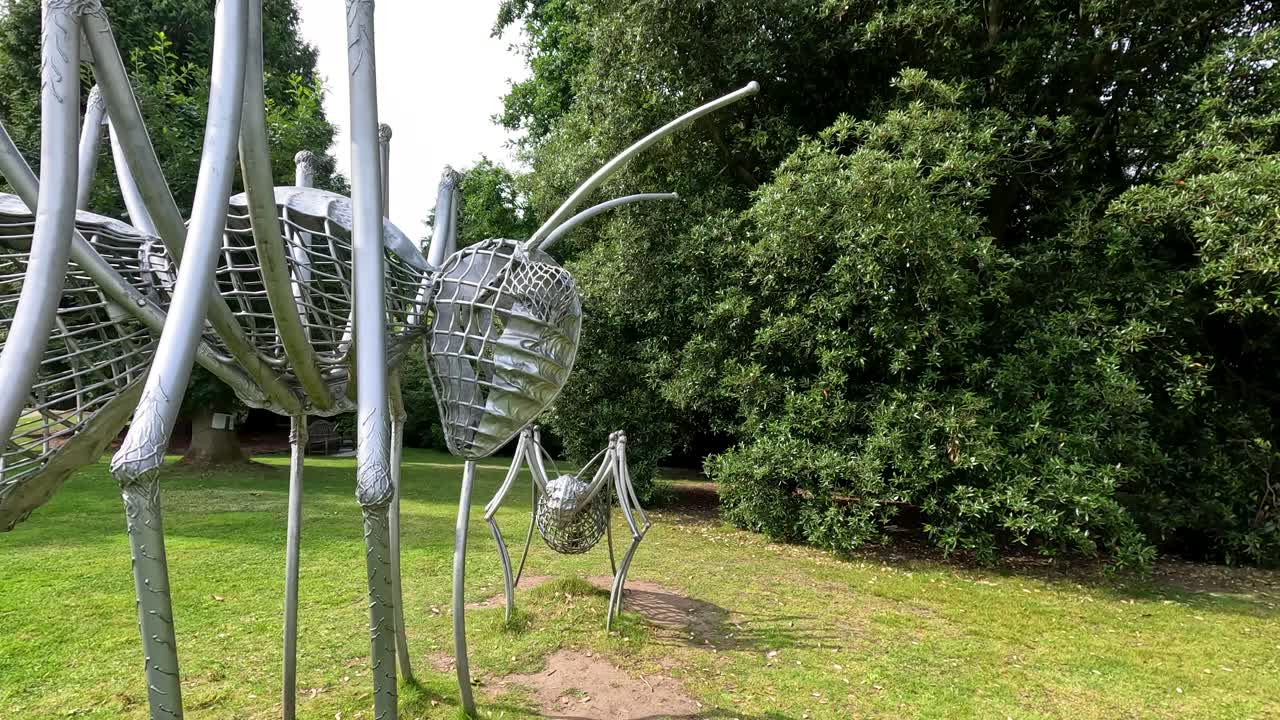 Camera moves smoothly around large metallic insect sculptures on grassy lawn, surrounded by lush trees in bright natural daylight at Durham botanical gardens