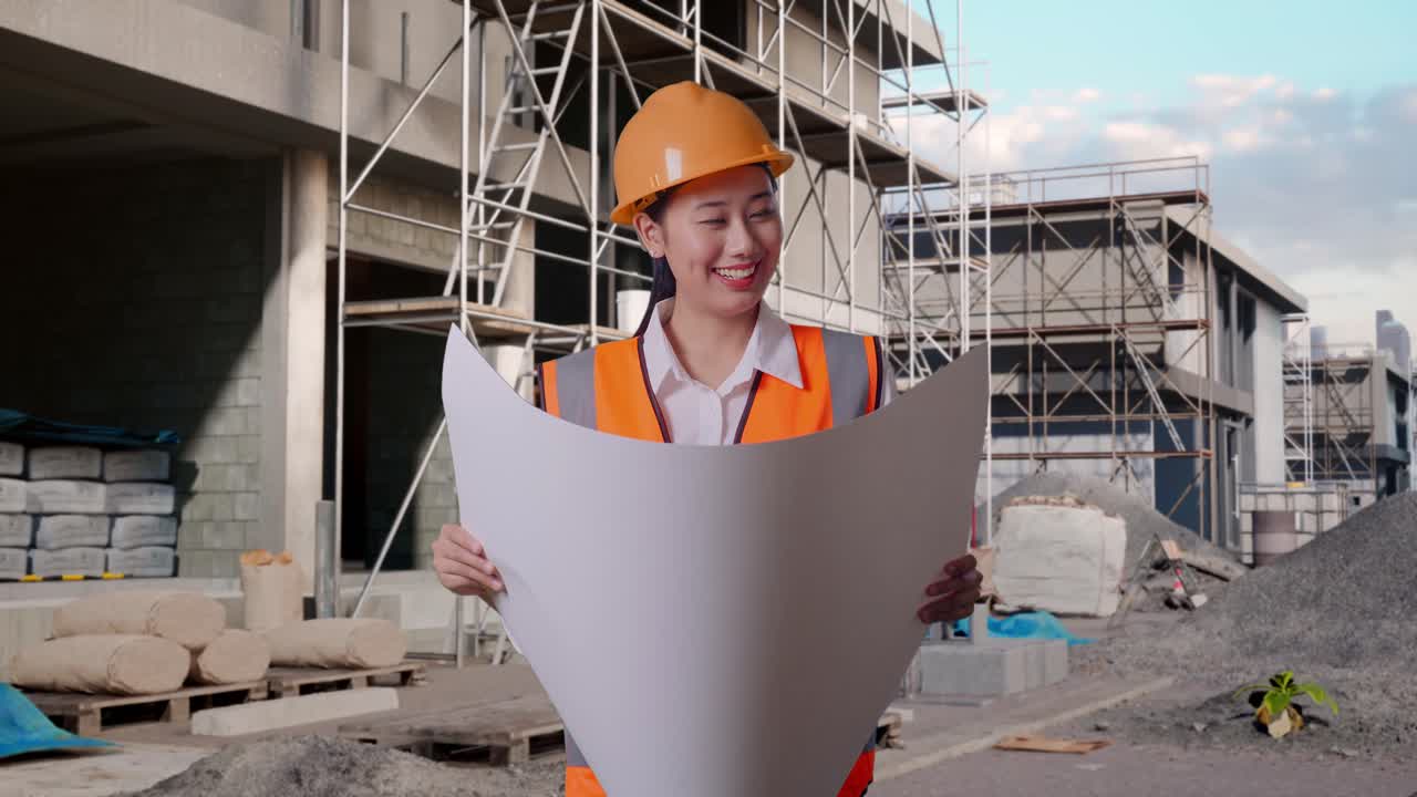 Asian Female Engineer With Safety Helmet Looking At Blueprint In Her Hands While Standing At Construction Site in Progress to New House