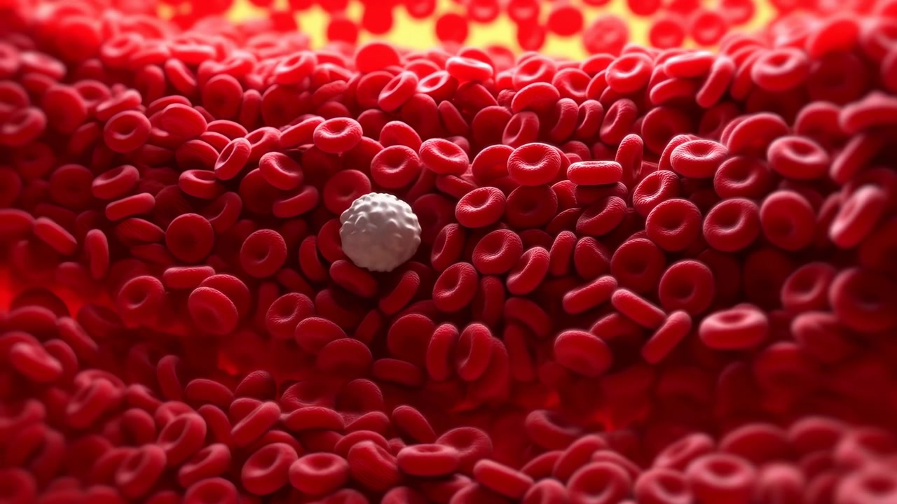 Dense red blood cells fill the frame around one bright white cell near the center, creating a warm medical microscopy scene with soft focus, shallow depth