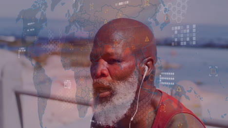 man with white beard wearing wired earphones walking pier, displaying tech holographic map overlay