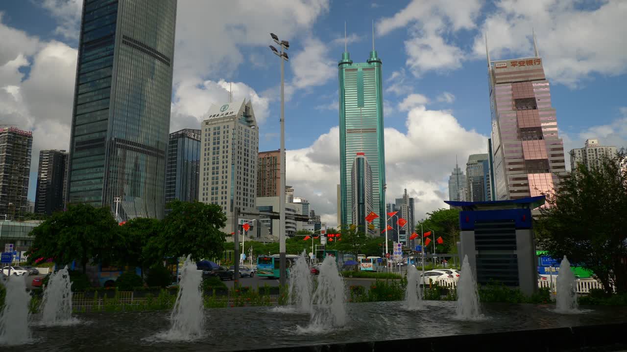 젠 시 교통 거리 유명한 교차로 분수 느린 동영상 파노라마 4k 중국